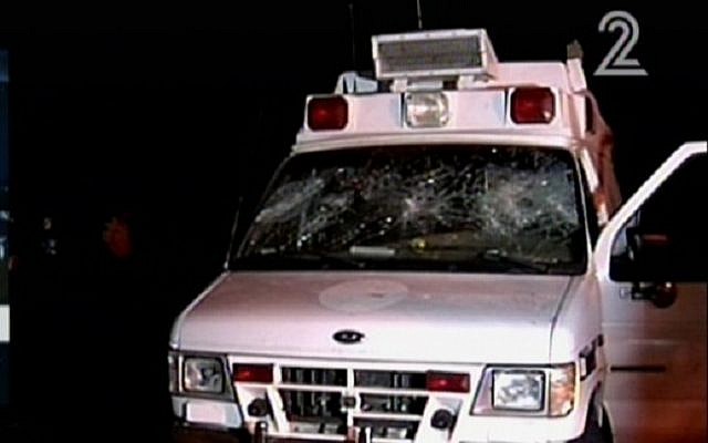 An ambulance attacked in the Golan Heights on June 22, 2015. (Screen capture: Channel 2) An ambulance attacked in the Golan Heights on June 22, 2015. (Screen capture: Channel 2)