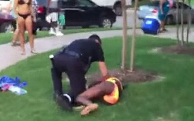 Texas state trooper Eric Casebolt forces a bikini-clad teenager to the ground at a pool party in McKinney, Texas on June 5, 2015. (Screenshot from video of incident) Texas state trooper Eric Casebolt forces a bikini-clad teenager to the ground at a pool party in McKinney, Texas on June 5, 2015. (Screenshot from video of incident)