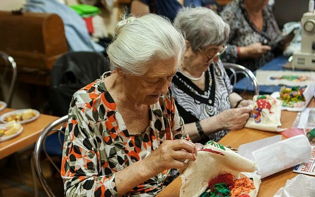 Women busy with embroidery Jewish Community Center of Zaporozhye, May 20, 2015. (photo credit: Anna Moskalkova/WJR)