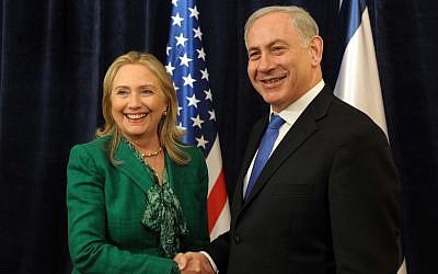 Prime Minister Benjamin Netanyahu meets with US Secretary of State Hillary Clinton in Netanyahu's office in Jerusalem in 2012. (photo credit: Ohad Zwigenberg /POOL/Flash90)