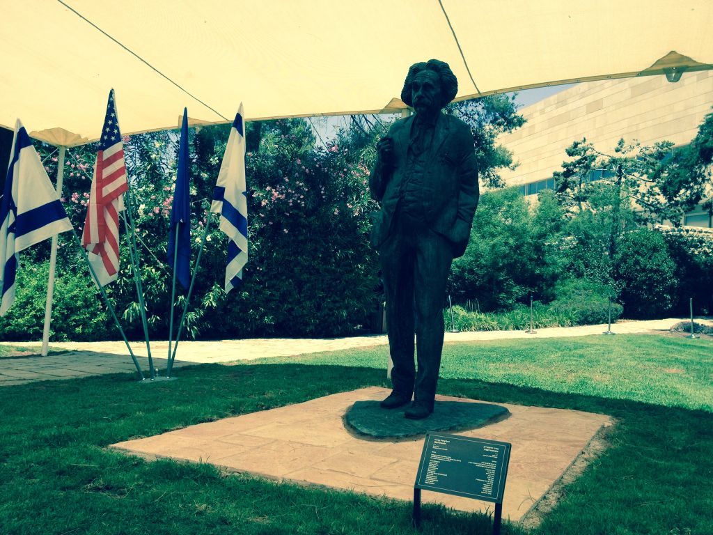 An eight-foot statue of Albert Einstein was unveiled on Hebrew University's Givat Ram campus this week (Photo credit: Jessica Steinberg/Times of Israel) An eight-foot statue of Albert Einstein was unveiled on Hebrew University's Givat Ram campus this week (Photo credit: Jessica Steinberg/Times of Israel)