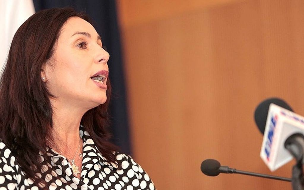 Minister of Culture and Sport Miri Regev speaks at the ministry on the day of her appointment, May 17, 2015. (Yonatan Sindel/Flash90)