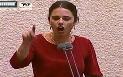 Justice Minister Ayelet Shaked addresses the Knesset, June 3, 2015 (Screen capture: The Knesset Channel via Walla)