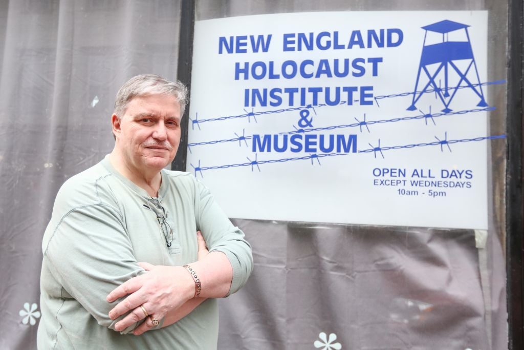 Seen outside the storefront of his recently shuttered New England Holocaust Institute in North Adams, Massachusetts, antiques collector Darrell English posed for a photo in April 2015 (photo credit: Elan Kawesch/The Times of Israel) Seen outside the storefront of his recently shuttered New England Holocaust Institute in North Adams, Massachusetts, antiques collector Darrell English posed for a photo April 10, 2015 (photo credit: Elan Kawesch/The Times of Israel)