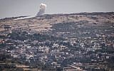 Illustrative: An explosion on the Syrian Golan Heights on June 16, 2015, as the al-Nusra Front fights against Assad's troops near the Syrian Druze village of Hader. (Basel Awidat/Flash90)