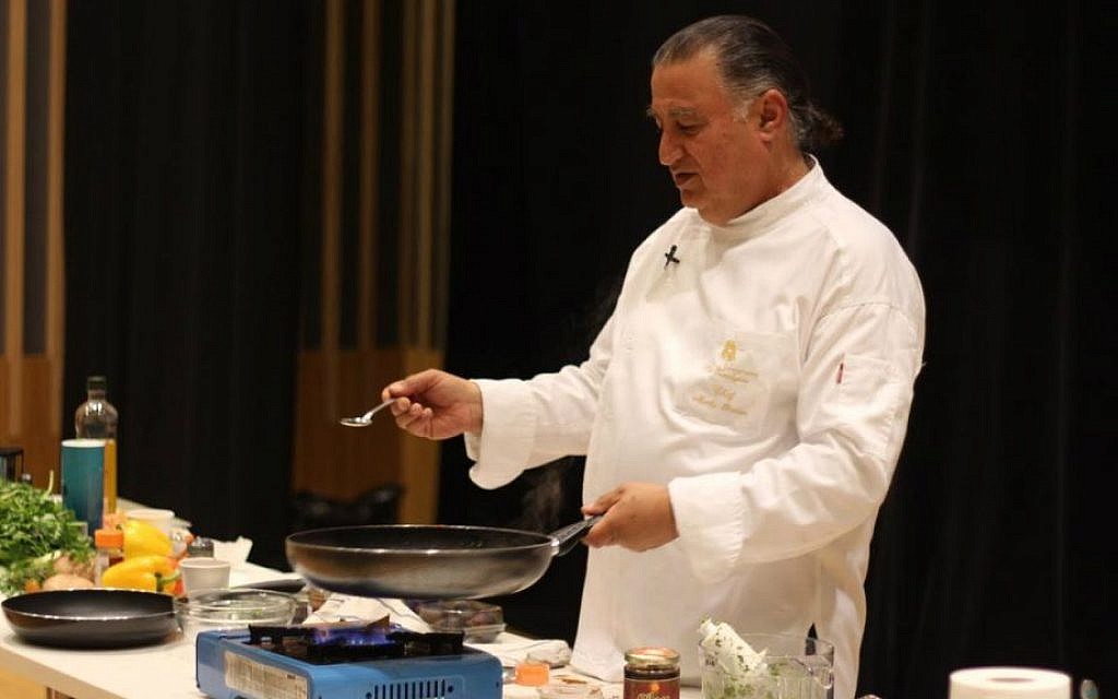 Jerusalem-based chef Moshe Basson, owner of the Eucalyptus restaurant and cheerleader of the slow food movement, demonstrates at London's Gefiltefest on June 28, 2015. (Zoe Paskett) Jerusalem-based chef Moshe Basson, owner of the Eucalyptus restaurant and cheerleader of the slow food movement, demonstrates at London's Gefiltefest on June 28, 2015. (Zoe Paskett)