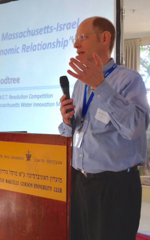 David Goodtree, a leader with the New England-Israel Business Council, helped Boston secure the first new nonstop flight El Al has opened in North America for many years. In this 2012 photo, Goodtree addresses experts in water-tech at a Tel Aviv conference he co-organized (photo: courtesy) David Goodtree, a leader with the New England-Israel Business Council, helped Boston secure the first new nonstop flight El Al has opened in North America for many years. In this 2012 photo, Goodtree addresses experts in water-tech at a Tel Aviv conference he co-organized (photo: courtesy)