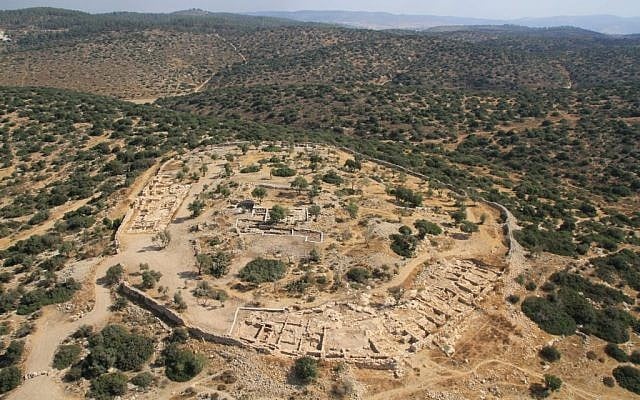 The site of Khirbet Qeiyafa in the Elah Valley. (Skyview Company/ courtesy, Hebrew University and Israel Antiquities Authority)