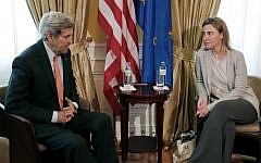 US Secretary of State John Kerry (L) meets with EU High Representative for Foreign Affairs and Security Policy Federica Mogherini at a hotel where the Iran nuclear talks are being held in Vienna, Austria on July 2, 2015. (Carlos Barria/AFP)
