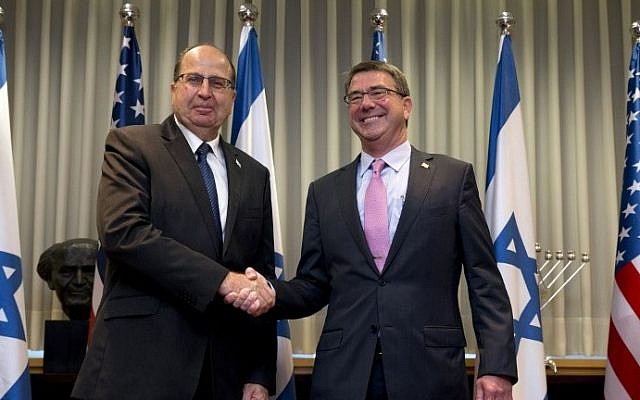 US Defense Secretary Ashton Carter, right, is greeted by Defense Minister Moshe Ya'alon ahead of their meeting in Tel Aviv, on July 20, 2015. (AFP/POOL/CAROLYN KASTER) US Defense Secretary Ashton Carter, right, is greeted by Defense Minister Moshe Ya'alon ahead of their meeting in Tel Aviv, on July 20, 2015. (AFP/POOL/CAROLYN KASTER)