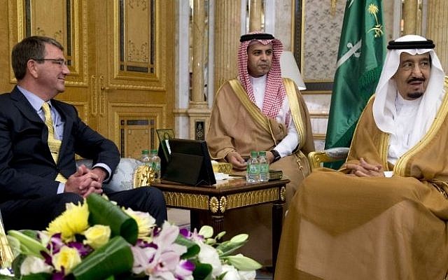 US Defense Secretary Ashton Carter, left, meets with Saudi King Salman at Al-Salam Palace in Jeddah on July 22, 2015. (AFP/POOL/CAROLYN KASTER) US Defense Secretary Ashton Carter, left, meets with Saudi King Salman at Al-Salam Palace in Jeddah on July 22, 2015. (AFP/POOL/CAROLYN KASTER)