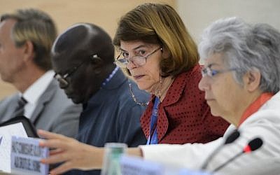 Chairperson of the Commission of Inquiry on the 2014 Gaza conflict Mary McGowan Davis (2nd R) looks on between member of the commission Doudou Diene (2nd L) and United Nations Deputy High Commissioner for Human Rights Flavia Pansieri (right) prior to presenting her report to delegates of the Human Right Council on June 29, 2015 at the United Nations Office in Geneva (Fabrice Coffrini/AFP)