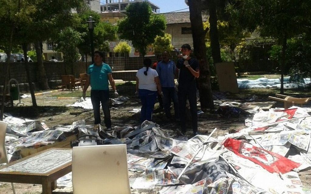 The scene after an explosion in the town of Suruc in Sanliurfa, on July 20, 2015, not far from the Syrian border.  (AFP/Dicle news agency)