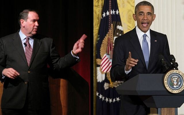 Illustrative photos of US President Barack Obama (right) and Republican presidential candidate Mike Huckabee. (Huckabee - HollandHoodie/Flickr/CC BY-ND 2.0; Obama - AFP/Saul Loeb) Illustrative photos of US President Barack Obama (right) and Republican presidential candidate Mike Huckabee. (Huckabee - HollandHoodie/Flickr/CC BY-ND 2.0; Obama - AFP/Saul Loeb)