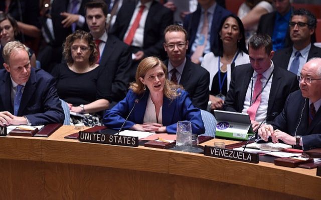 US Ambassador to the United Nations Samantha Power speaks after Security Council members voted on the Iran resolution at the UN headquarters in New York on July 20, 2015. (AFP/JEWEL SAMAD)