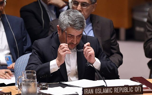 Iran's envoy to the UN Gholamali Khoshroo speaks during a Security Council meeting after a vote on the Iran resolution at UN headquarters in New York, July 20, 2015. (AFP/Jewel Samad) Iran's envoy to the UN Gholamali Khoshroo speaks during a Security Council meeting after a vote on the Iran resolution at UN headquarters in New York, July 20, 2015. (AFP/Jewel Samad)