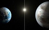 This artist's concept compares Earth (left) to the new planet, called Kepler-452b, which is about 60% larger in diameter. (courtesy NASA/JPL-Caltech/T. Pyle)