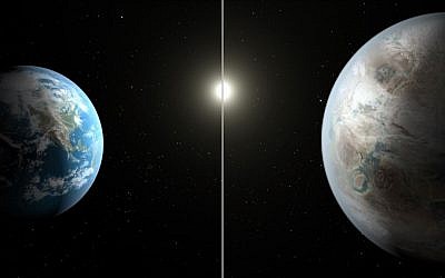 This artist's concept compares Earth (left) to the new planet, called Kepler-452b, which is about 60% larger in diameter. (courtesy NASA/JPL-Caltech/T. Pyle)
