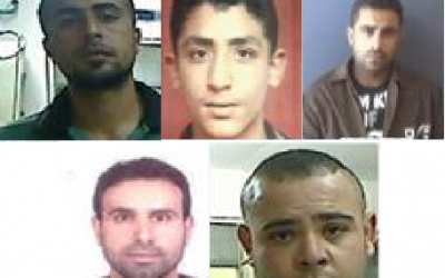 Images of five suspects involved in a deadly shooting in the West Bank in June 2015 that left one Israeli dead. Clockwise from top left: Muhammad Abu Shaheen, Ashraf Amar, Amjad Eduan, Osama Assad, Muhammad Eduan