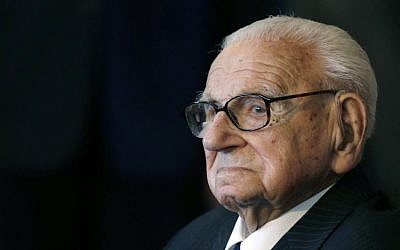 A Tuesday, Oct. 28, 2014 photo from files of Sir Nicholas Winton waiting to be decorated with the highest Czech Republic's decoration, The Order of the White Lion at the Prague Castle in Prague, Czech Republic. Winton, who saved more than 650 Jewish children from the Holocaust, has died at the age of 106. (AP Photo/Petr David Josek, File)