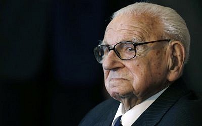A Tuesday, October 28, 2014 photo from files of the then 105 year-old Sir Nicholas Winton waiting to be decorated with the highest Czech Republic's decoration, The Order of the White Lion at the Prague Castle in Prague, Czech Republic. (AP/Petr David Josek)