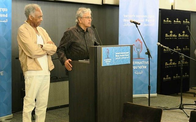 Gilberto Gil (left) and Caetano Veloso speaking out against the BDS movement at a press conference during their visit to Israel, July 28, 2015. (Luke Tress) Gilberto Gil (left) and Caetano Veloso speaking out against the BDS movement at a press conference during their visit to Israel, July 28, 2015. (Luke Tress)