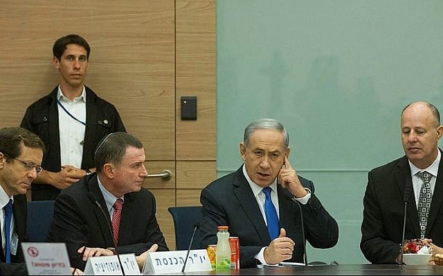Prime Minister Benjamin Netanyahu (2R), chairman of the Israeli parliament Yuli Edelstein (2L), head of opposition Isaac Herzog (L) and head of the Foreign Affairs and Defense committee, Tzachi haNegbi (R) attend a committee meeting on June 29, 2015. (Miriam Alster/FLASH90) Prime Minister Benjamin Netanyahu (2R), chairman of the Israeli parliament Yuli Edelstein (2L), head of opposition Isaac Herzog (L) and head of the Foreign Affairs and Defense committee, Tzachi haNegbi (R) attend a committee meeting on June 29, 2015. (Miriam Alster/FLASH90)