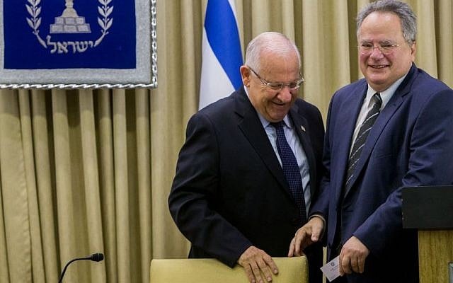 President Reuven Rivlin (L) meets with Greek Foreign Minister Nikolaos Kotzias (R), at the President's Residence in Jerusalem on July 7, 2015. (Yonatan Sindel/Flash90) President Reuven Rivlin (L) meets with Greek Foreign Minister Nikolaos Kotzias (R), at the President's Residence in Jerusalem on July 7, 2015. (Yonatan Sindel/Flash90)