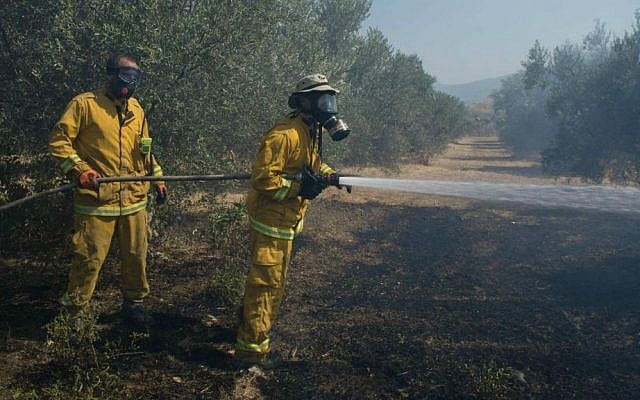 Firefighters trying to extinguish a large fire that broke out near Kiryat Shmona, July 19, 2015, causing residents in the area to evacuate their homes. (Basel Awidat/Flash90)