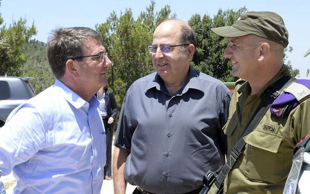 Israeli Defense Minister Moshe Ya'alon (C) and US Defense Secretary Ash Carter (L) seen at an outlook in the Hula Valley in northern Israel on July 20, 2015. (Matty Stern/US Embassy Tel Aviv)