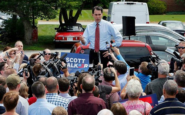In this July 16, 2015 file photo, Republican presidential candidate, Wisconsin Gov. Scott Walker, R-Wisconsin, speaks in Amherst, New Hampshire. (AP Photo/Jim Cole, File)