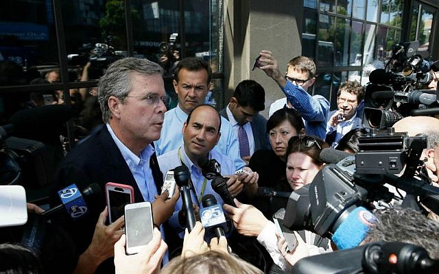 In this photo taken July 16, 2015, Republican presidential candidate, former Florida Gov. Jeb Bush speaks to reporters in San Francisco. (AP Photo/Eric Risberg)
