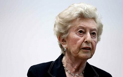 Former Auschwitz prisoner and plaintiff Irene Weiss arrives for the trial of former German SS officer Oskar Groening at a courtroom in Lueneburg, northern Germany, Wednesday July 1, 2015. (Ronny Hartmann/Pool Photo via AP)