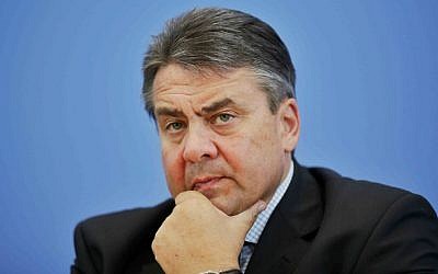 German Vice Chancellor and Economy Minister Sigmar Gabriel briefs the media on his July 20 visit to Iran during a news conference in Berlin, Germany, Thursday, July 23, 2015. (AP Photo/Markus Schreiber)