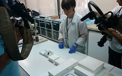 A scrap of a torched Torah scroll in a lab of the Israel Antiquities Authority (Ilan Ben Zion/Times of Israel) A scrap of a torched Torah scroll in a lab of the Israel Antiquities Authority (Ilan Ben Zion/Times of Israel)