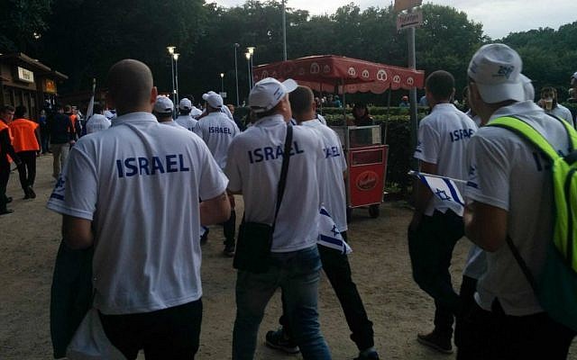 Israeli athletes attending the opening ceremony of the European Maccabi Games in Berlin, the city's first since World War II, July 29, 2015. (Ilan Ben Zion)