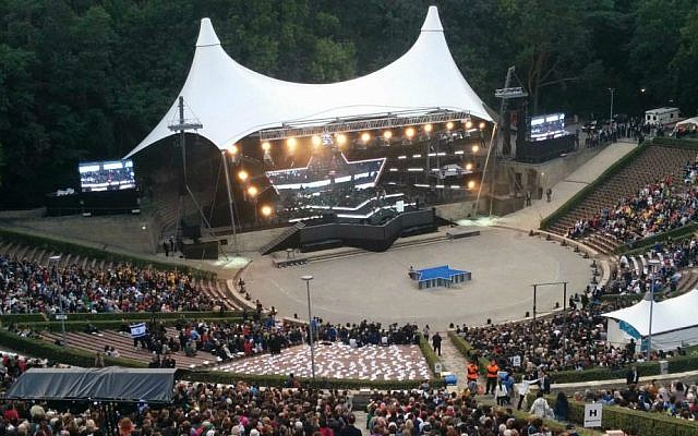 The opening ceremony of the European Maccabi Games in Berlin, a first since World War II, at the Waldbüche amphitheater, constructed for the 1936 Olympic Games and originally named for Adolf Hitler's mentor Dietrich Eckart, July 29, 2015. (Ilan Ben Zion) The opening ceremony of the European Maccabi Games in Berlin, a first since World War II, at the Waldbüche amphitheater, constructed for the 1936 Olympic Games and originally named for Adolf Hitler's mentor Dietrich Eckart, July 29, 2015. (Ilan Ben Zion)
