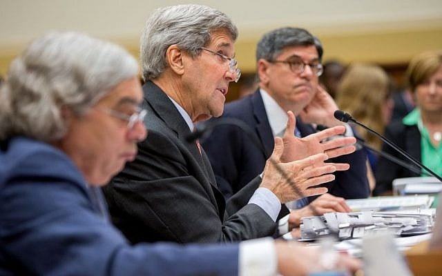 Secretary of State John Kerry, center, flanked by Treasury Secretary Jacob Lew, right, and Energy Secretary Ernest Moniz, testifies on Capitol Hill in Washington, Tuesday, July 28, 2015, before the House Foreign Affairs Committee hearing on the Iran nuclear agreement. (AP Photo/Andrew Harnik) Secretary of State John Kerry, center, flanked by Treasury Secretary Jacob Lew, right, and Energy Secretary Ernest Moniz, testifies on Capitol Hill in Washington, Tuesday, July 28, 2015, before the House Foreign Affairs Committee hearing on the Iran nuclear agreement. (AP Photo/Andrew Harnik)