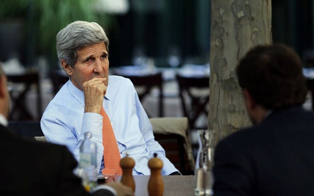 US Secretary of State John Kerry on the terrace of a hotel where the Iran nuclear talks meetings are being held in Vienna, Austria, Thursday, July 2, 2015. (Carlos Barria/Pool via AP)