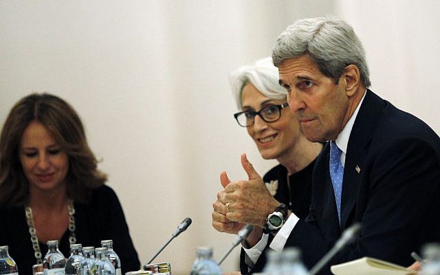 US Secretary of State John Kerry and US Under Secretary for Political Affairs Wendy Sherman, center, meet with foreign ministers and representatives of Germany, France, China, Britain, Russia and the European Union during the current round of nuclear talks with Iran, being held in Vienna, Austria July 10, 2015 (Carlos Barria/Pool via AP) US Secretary of State John Kerry and US Under Secretary for Political Affairs Wendy Sherman, center, meet with foreign ministers and representatives of Germany, France, China, Britain, Russia and the European Union during the current round of nuclear talks with Iran, being held in Vienna, Austria July 10, 2015 (Carlos Barria/Pool via AP)