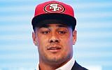 Jarryd Hayne speaking at a press conference at the Telstra Amphitheatre in Sydney, Australia March 3, 2015. (Matt King/Getty Images via JTA)