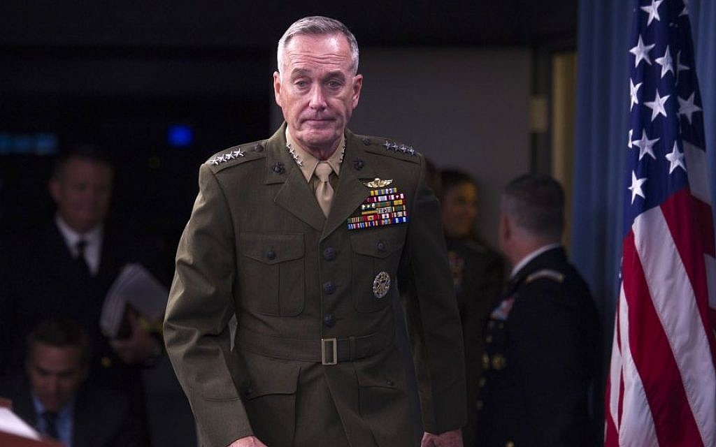 FILE - In this July 1, 2015, photo, Marine Corps Commandant Gen. Joseph Dunford walks onstage for a news media at the Pentagon, Wednesday, July 1, 2015. (Cliff Owen/AP)