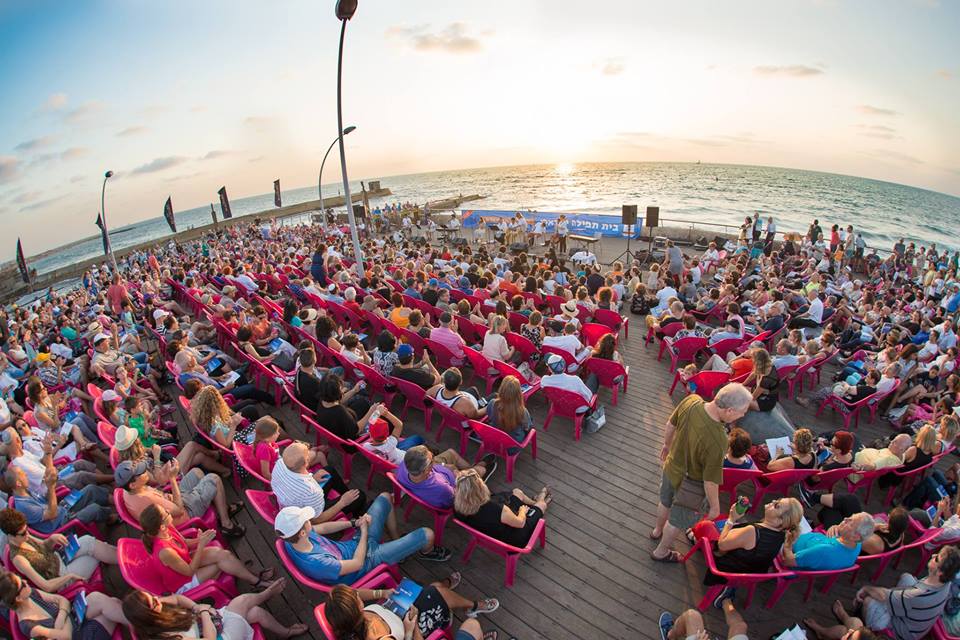 Kabbalat Shabbat overlooking the sea at the northern end of the Tel Aviv port (Courtesy Beit Tefillah Israeli)