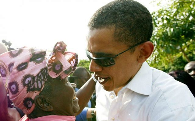 In this Saturday, Aug. 26, 2006 file photo, then US Senator Barack Obama meets with his step-grandmother Sarah Obama at his father's house in Kogelo, western Kenya. (AP Photo/Sayyid Azim, File)