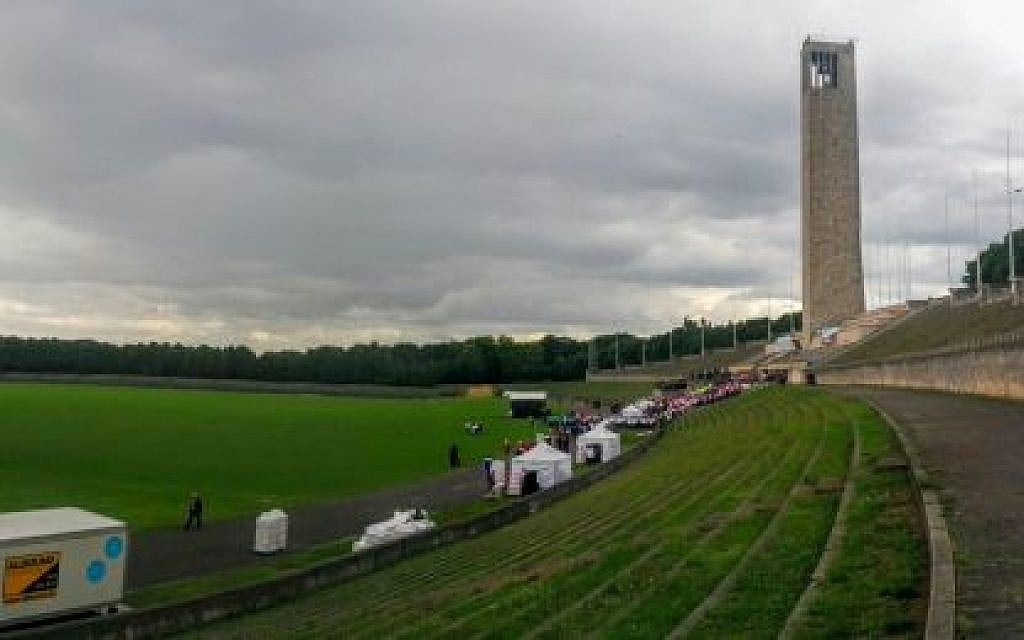 A view of the Berlin stadium with the 2015 Maccabi games are being held. July 28, 2015 (Ilan Ben Zion/Times of Israel)