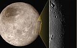 This photo taken Tuesday, July 14, 2015, at approximately 6:30 a.m. EDT, shows Pluto's largest moon Charon, left, with a captivating feature, a depression with a peak in the middle, shown in the upper left corner of the inset image at right. (NASA/JHUAPL/SwRI via AP)