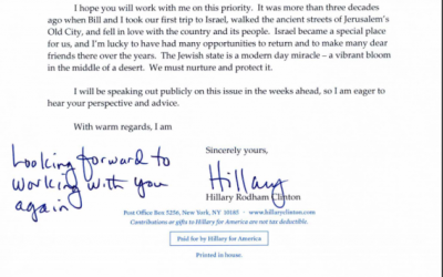 Hillary Clinton's signature and personal note on a July, 2015, letter to Malcolm Hoenlein