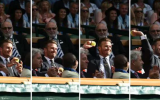 David Beckham catches the ball as it deflects into the Royal Box at Wimbledon, then throws it back, July 9, 2015 (YouTube screenshot/Wimbledon twitter)