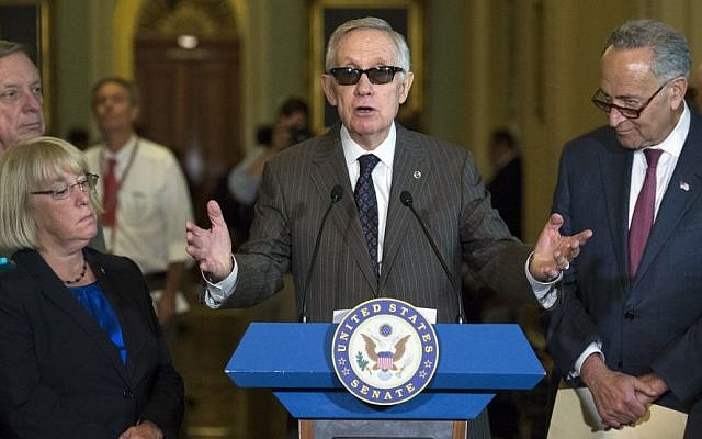 Senate Minority Leader Sen. Harry Reid of Nev., along with Sen. Charles Schumer, D-N.Y., right, Senate Minority Whip Richard Durbin, D-Ill., left, and Sen. Patty Murray, D-Wash., speak to media after a policy luncheon on Capitol Hillin Washington, Tuesday, July 21, 2015. (AP/Molly Riley) Senate Minority Leader Sen. Harry Reid of Nev., along with Sen. Charles Schumer, D-N.Y., right, Senate Minority Whip Richard Durbin, D-Ill., left, and Sen. Patty Murray, D-Wash., speak to media after a policy luncheon on Capitol Hillin Washington, Tuesday, July 21, 2015. (AP/Molly Riley)