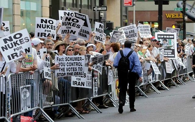Supporters line Seventh Avenue during the 'Stop Iran' protest Wednesday, July 22, 2015, near Times Square in New York. (AP Photo/Frank Franklin II)